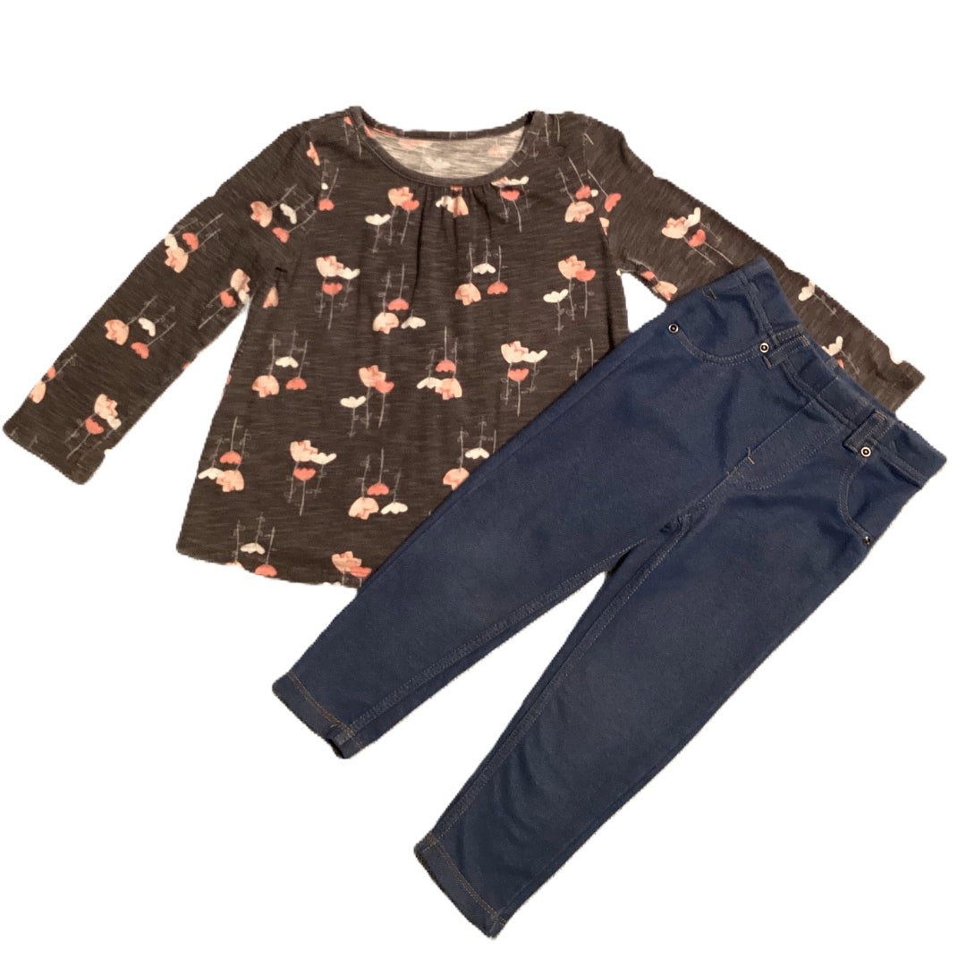 3T Girls Jumping Beans Charcoal w/Dusty Pink Flowers Long Sleeve Shirt, Garanimals Jeggings