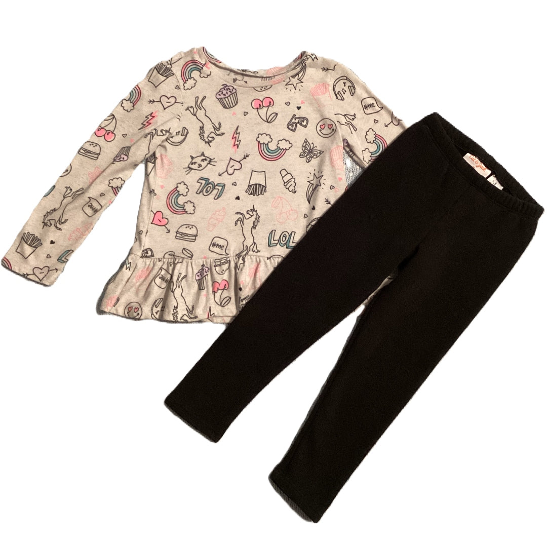 3T Girls The Children's Place Emoji Patterned Ruffle Bottom Shirt, Cat & Jack Black Fleece Lined Leggings