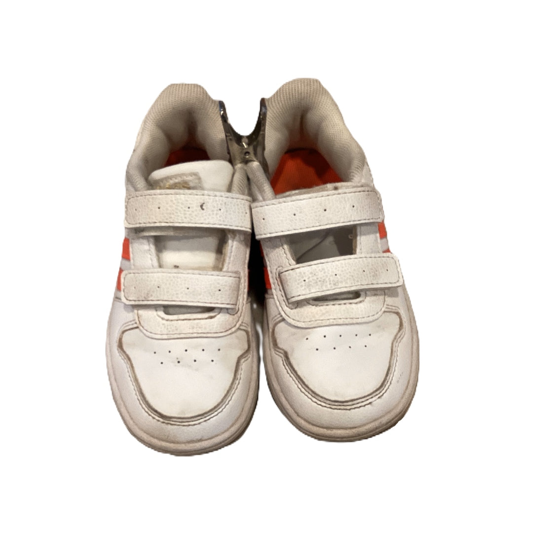 Size 9 Adidas White Leather w/Velcro and Orange Stripes Sneakers