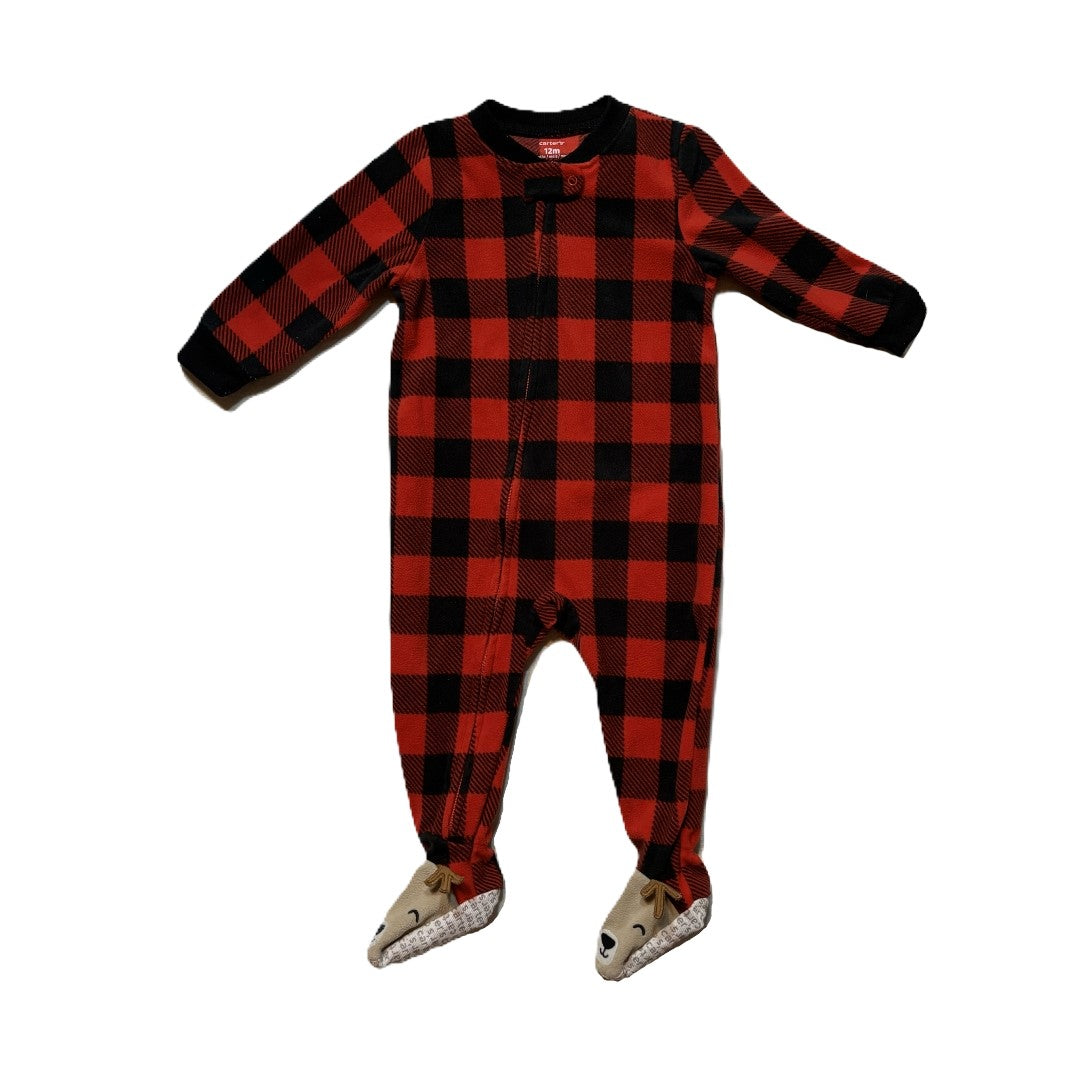 9-12 Boys Carter's Black/Red Plaid Fleece Sleeper w/Reindeer Feet