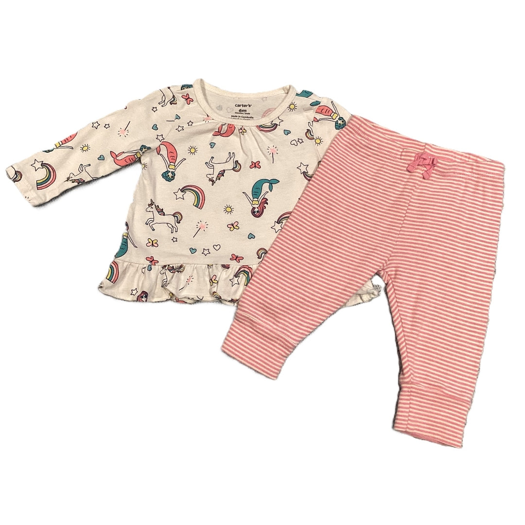 3-6 Girls Carter's White Long Sleeve Shirt w/Unicorns & Rainbows, Baby Gap Pink/White Stripe Leggings