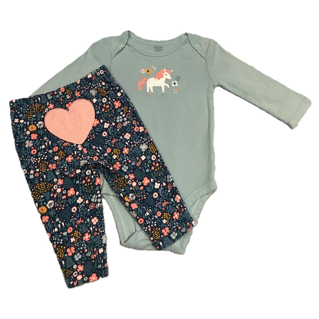 3-6 Girls Just One You Teal Unicorn Onesie, Matching Floral Leggings