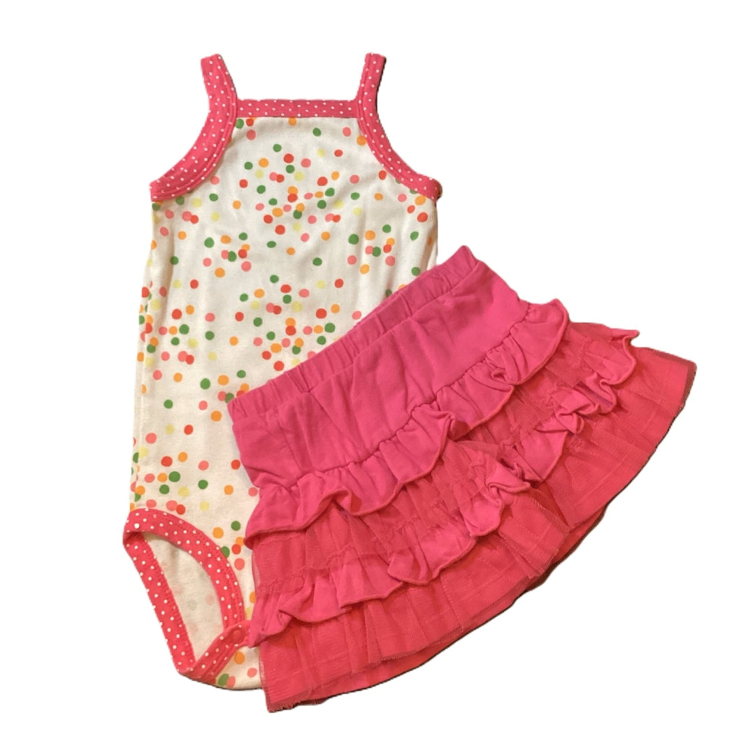 9-12 Girls Carter's Sleeveless Onesie w/Polka Dots, Disney Fairies Hot Pink Ruffle Skirt