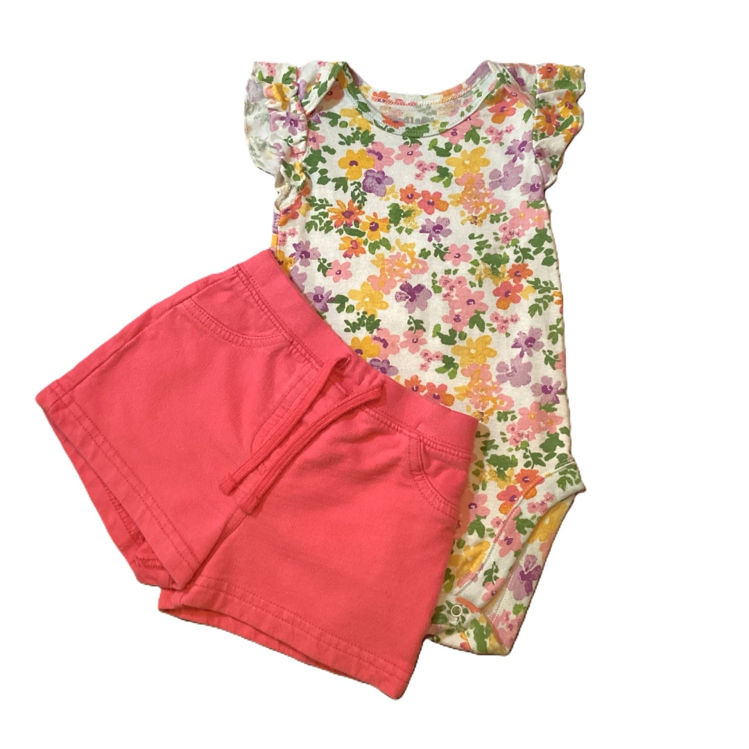 9-12 Girls Bundles Sleeveless Floral Onesie w/Koala Kids Hot Pink Shorts
