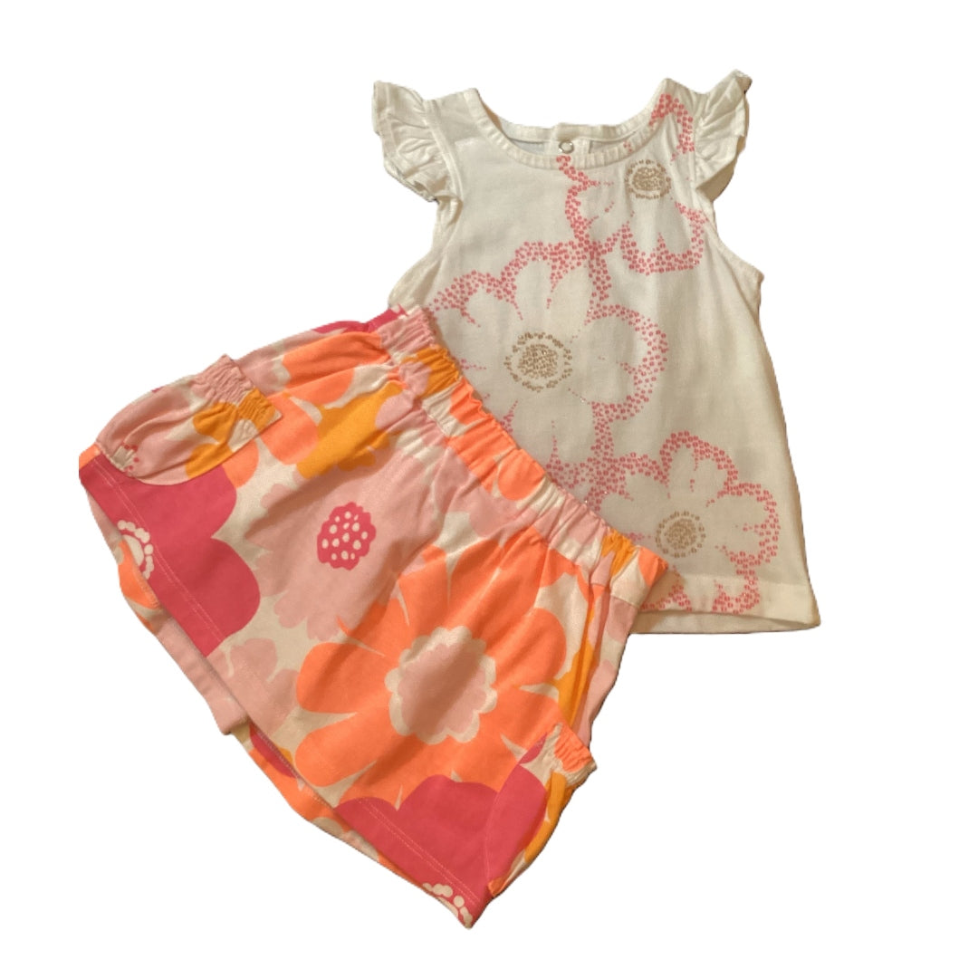 9-12 Girls Just One You White Shirt w/Hot Pink Flower Outlines, Matching Shorts