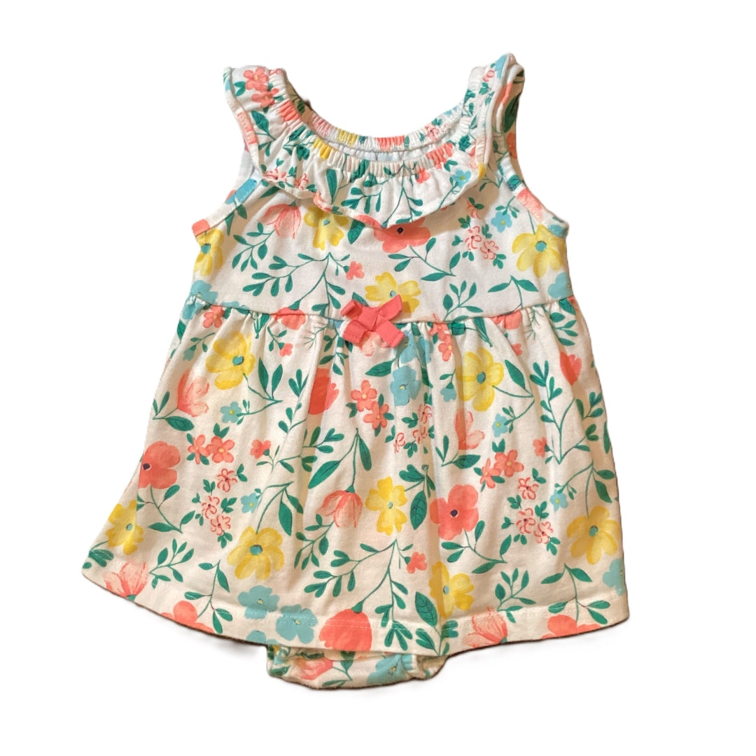 9-12 Girls Carter's White w/Hot Pink Floral Dress w/Built In Onesie