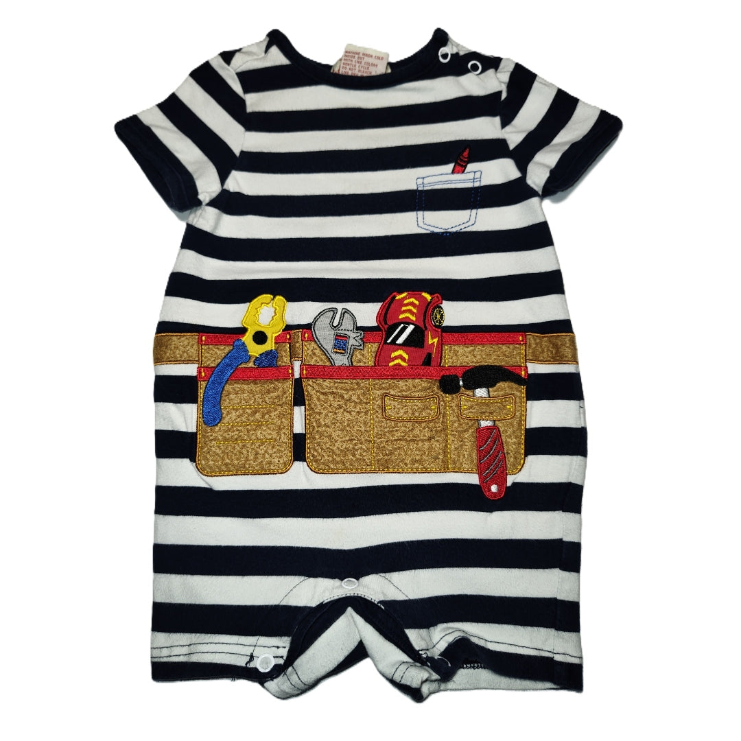 9-12 Boys Toffee and Apple Blue/White Striped Construction Romper