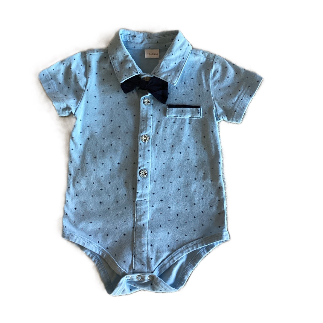 18-24 Boys Light Blue Buttoned Onesie w/Bow Tie