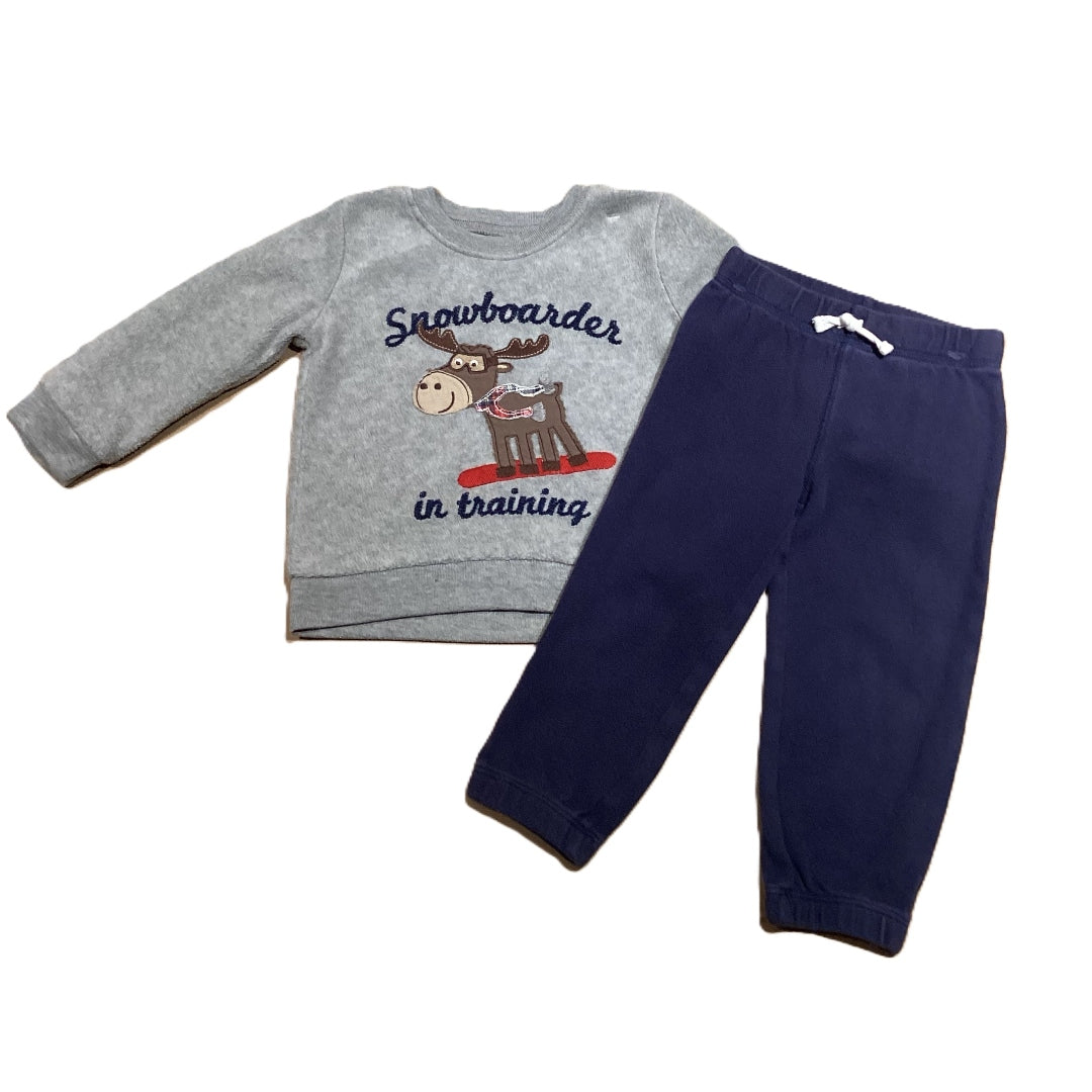 12-18 Boys Carter's Gray Snowboarding Moose Crewneck Sweatshirt, Carter's Blue Sweatpant Joggers