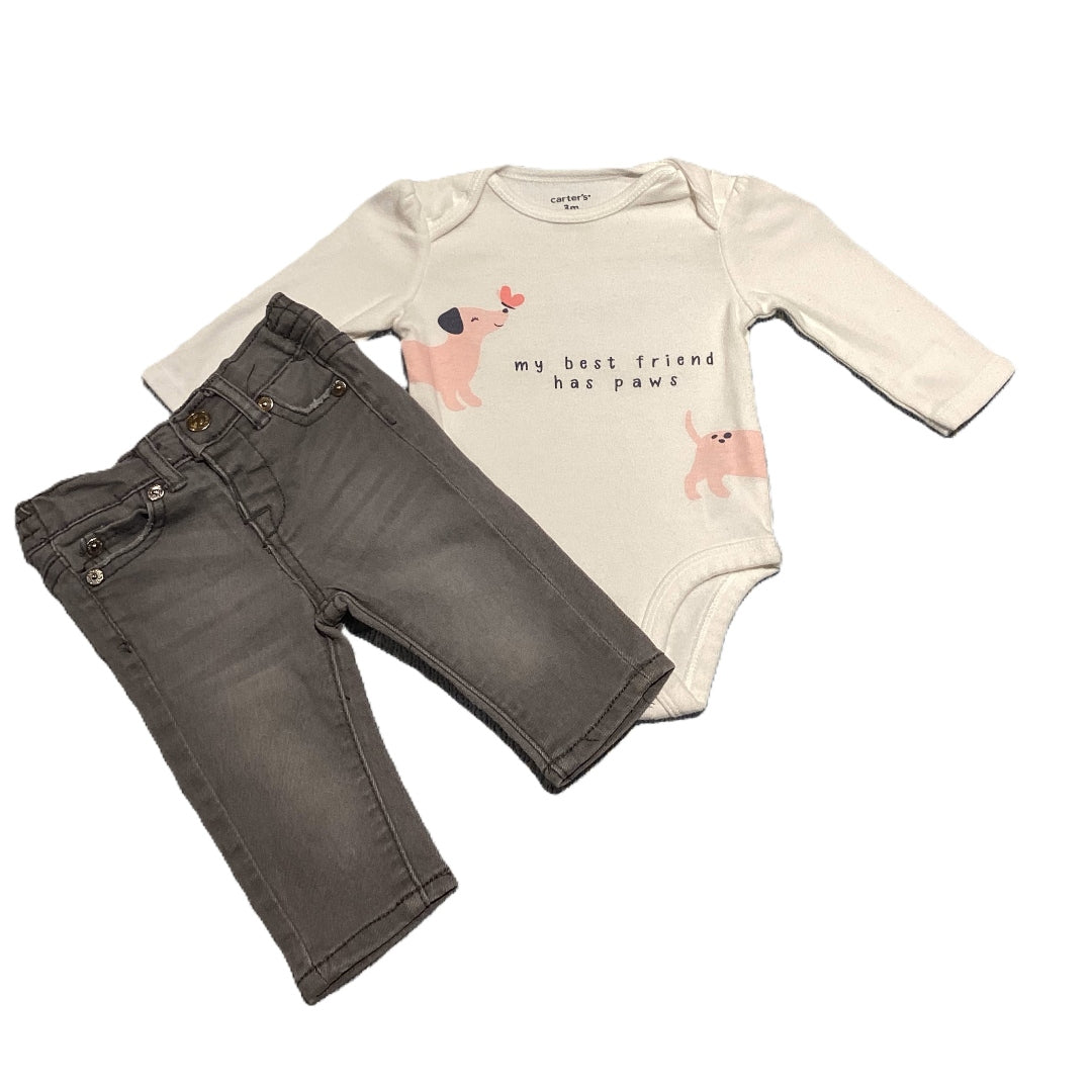 0-3 Girls Carter's My Best Friend Has Paws Long Sleeve Onesie, Gray Jeans