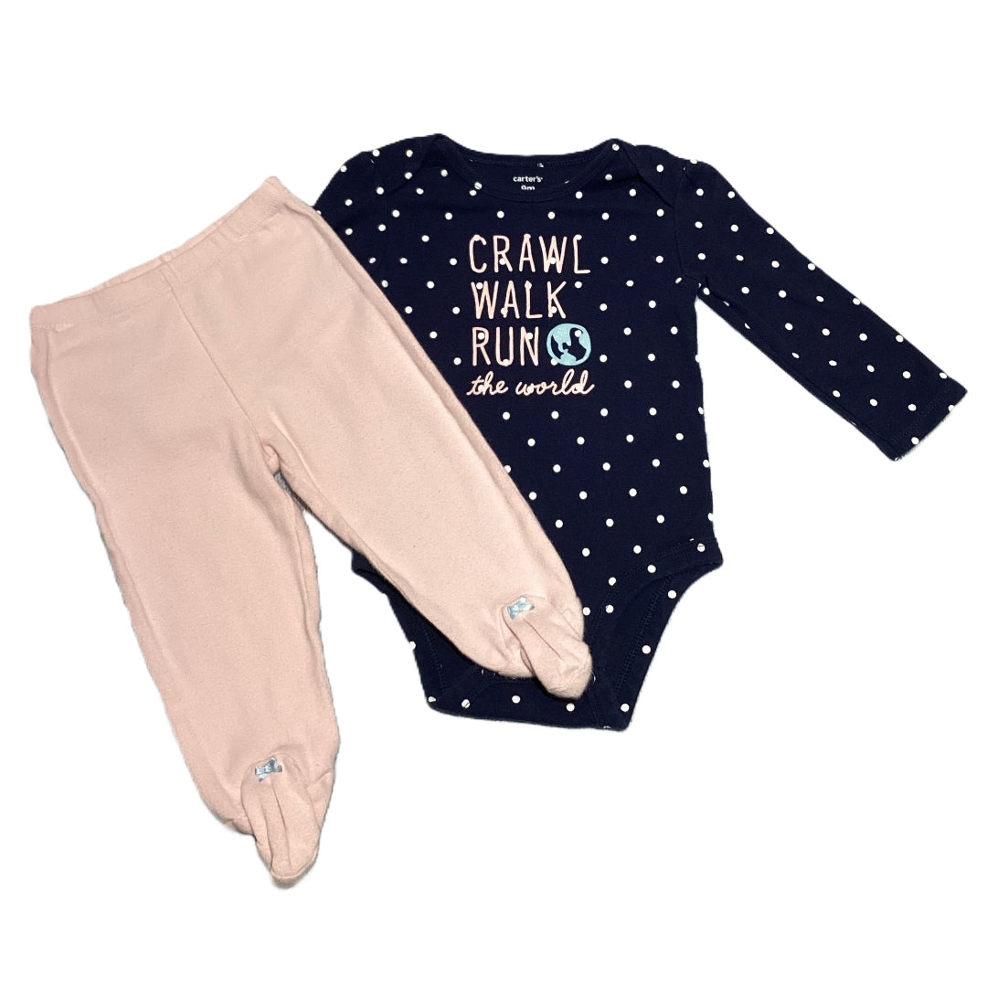 6-9 Girls Carter's Crawl Walk Run Navy Polka Dot Onesie, Carter's Footed Pants