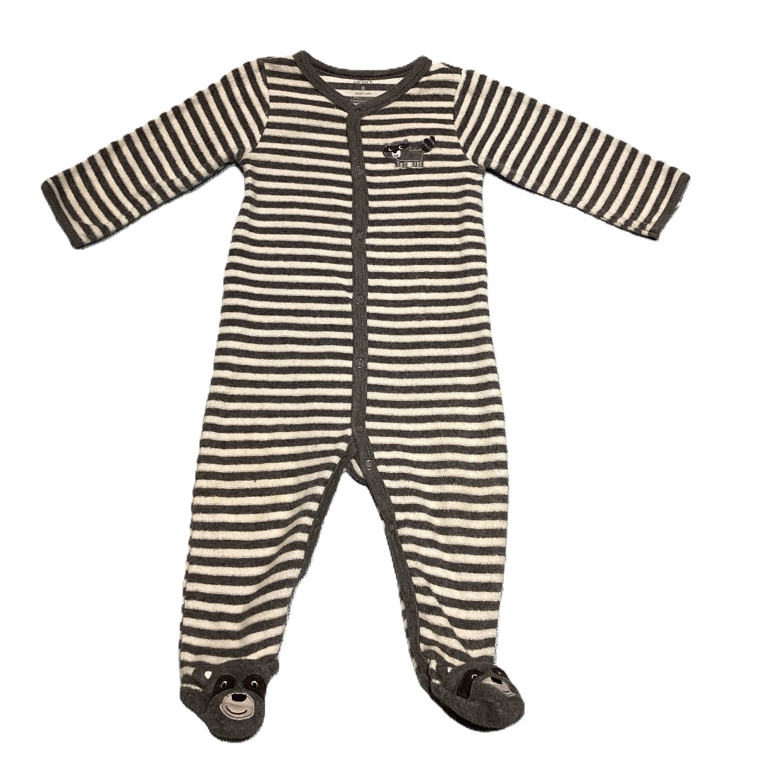 6-9 Boys Carter's Gray/White Stripe Terry Cloth Sleeper w/Raccoon
