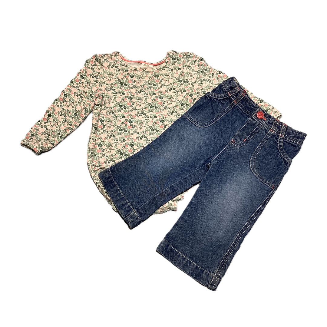 6-9 Girls H&M Pink/Green Floral Onesie, Jumping Beans Jeans