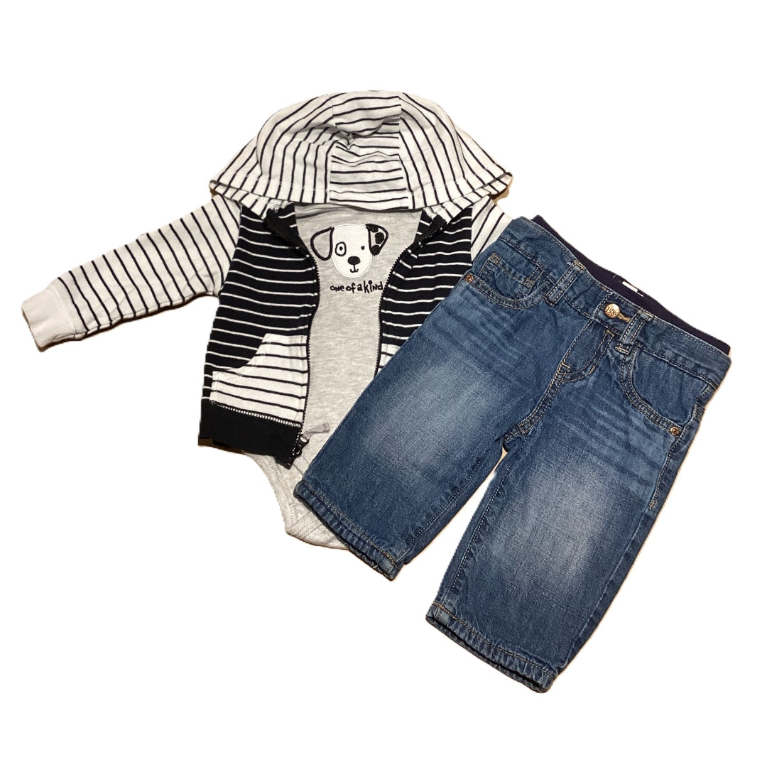 6-9 Boys Little Beginnings Dog Face Long Sleeve Onesie, Carter's Black/White Stripe Zip Up, Old Navy Jeans