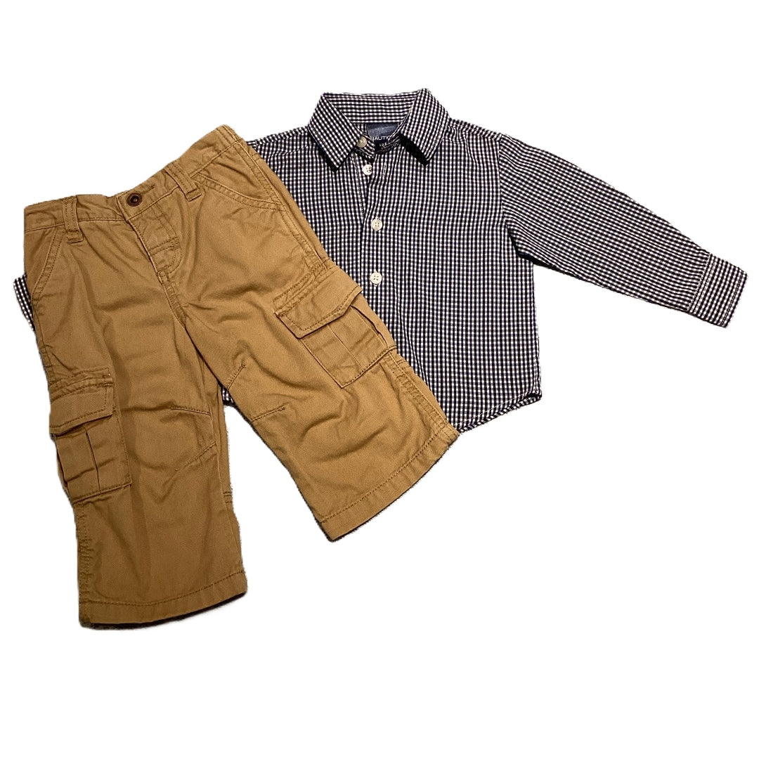 9-12 Boys Nautica Blue Checkered Button Down Long Sleeve, Cherokee Cargo Khakis