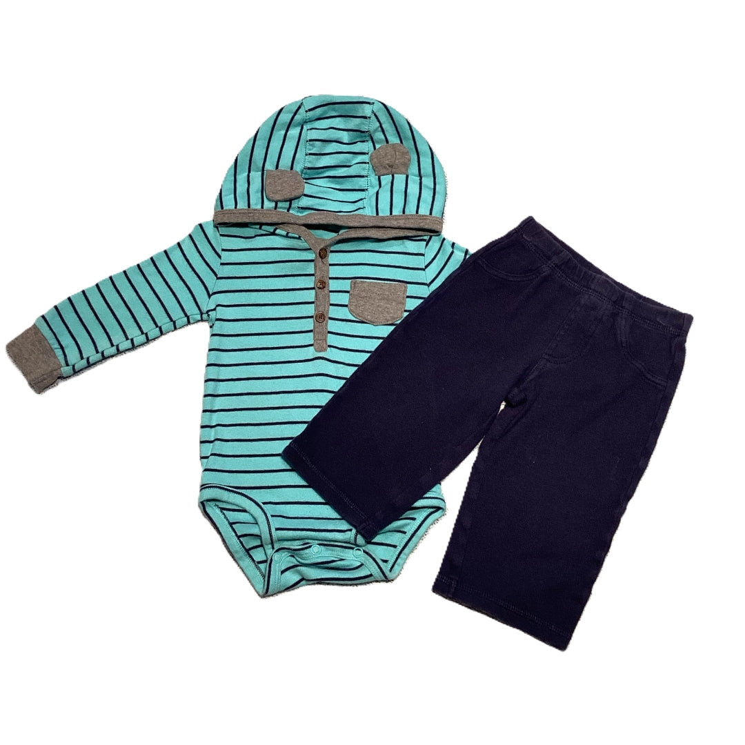 9-12 Boys Carter's Teal/Gray Stripe Long Sleeve Hooded Onesie, Carter's Pants