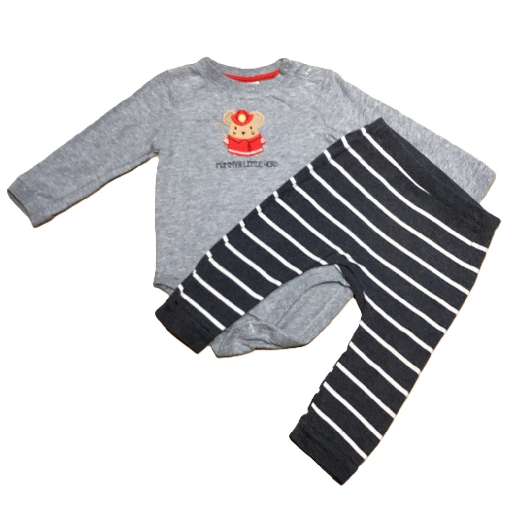 12-18 Boys Gymboree Gray Mouse Long Sleeve Onesie, Old Navy Striped Pants