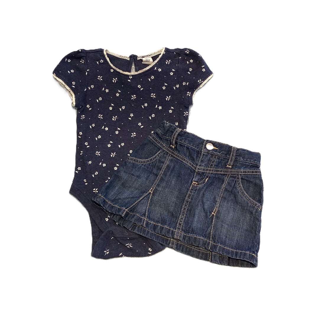18-24 Girls Baby Gap Navy Blue Onesie, Old Navy Denim Skirt