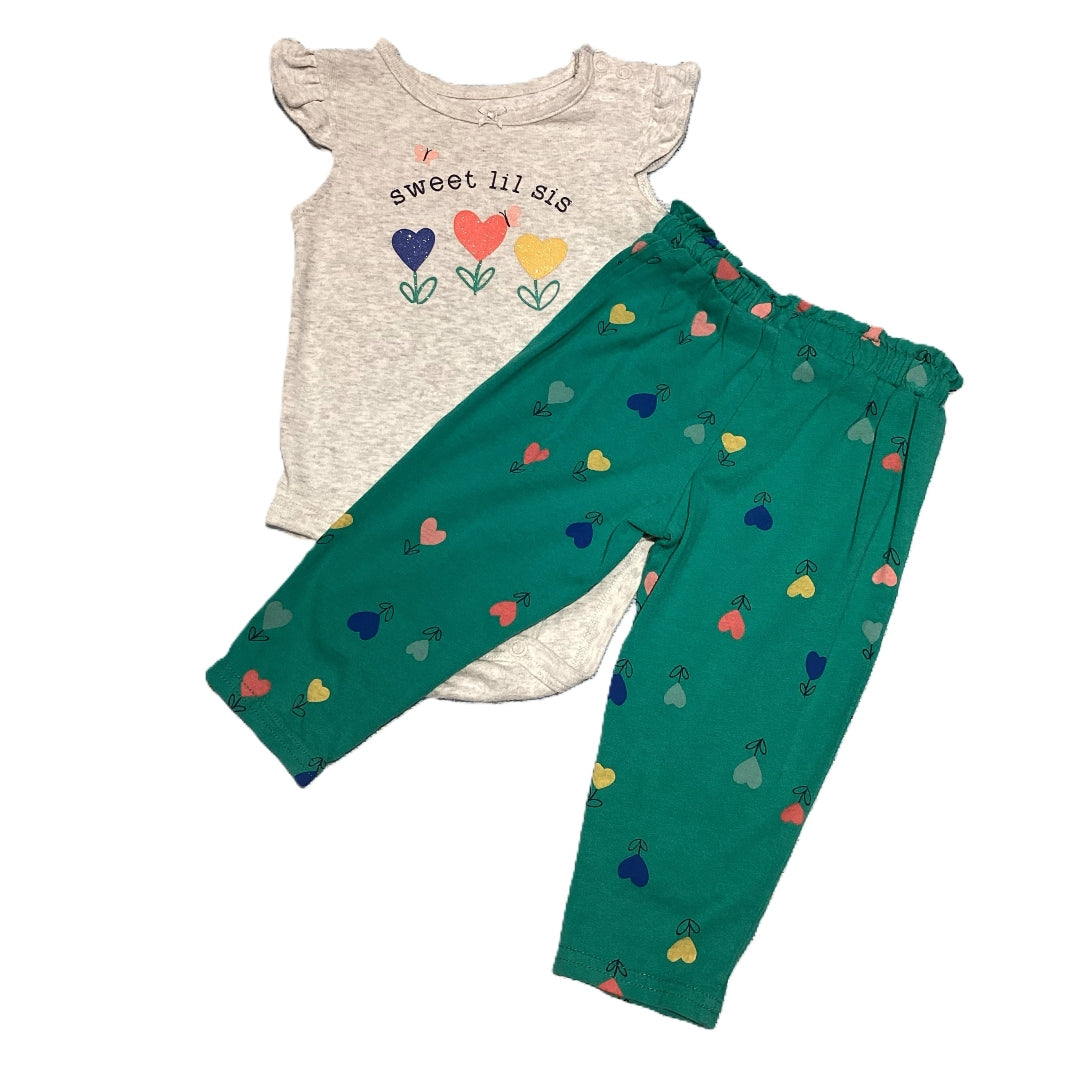 9-12 Girls Carter's Sweet Little Sis Gray Onesie w/Matching Green Pants