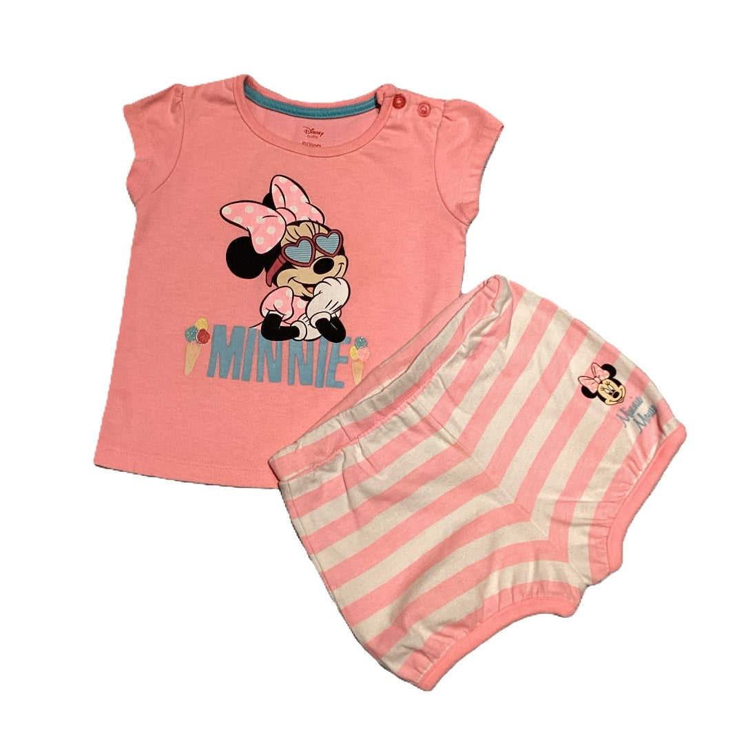 9-12 Girls Disney Baby Pink Minnie Tshirt w/Matching Striped Shorts