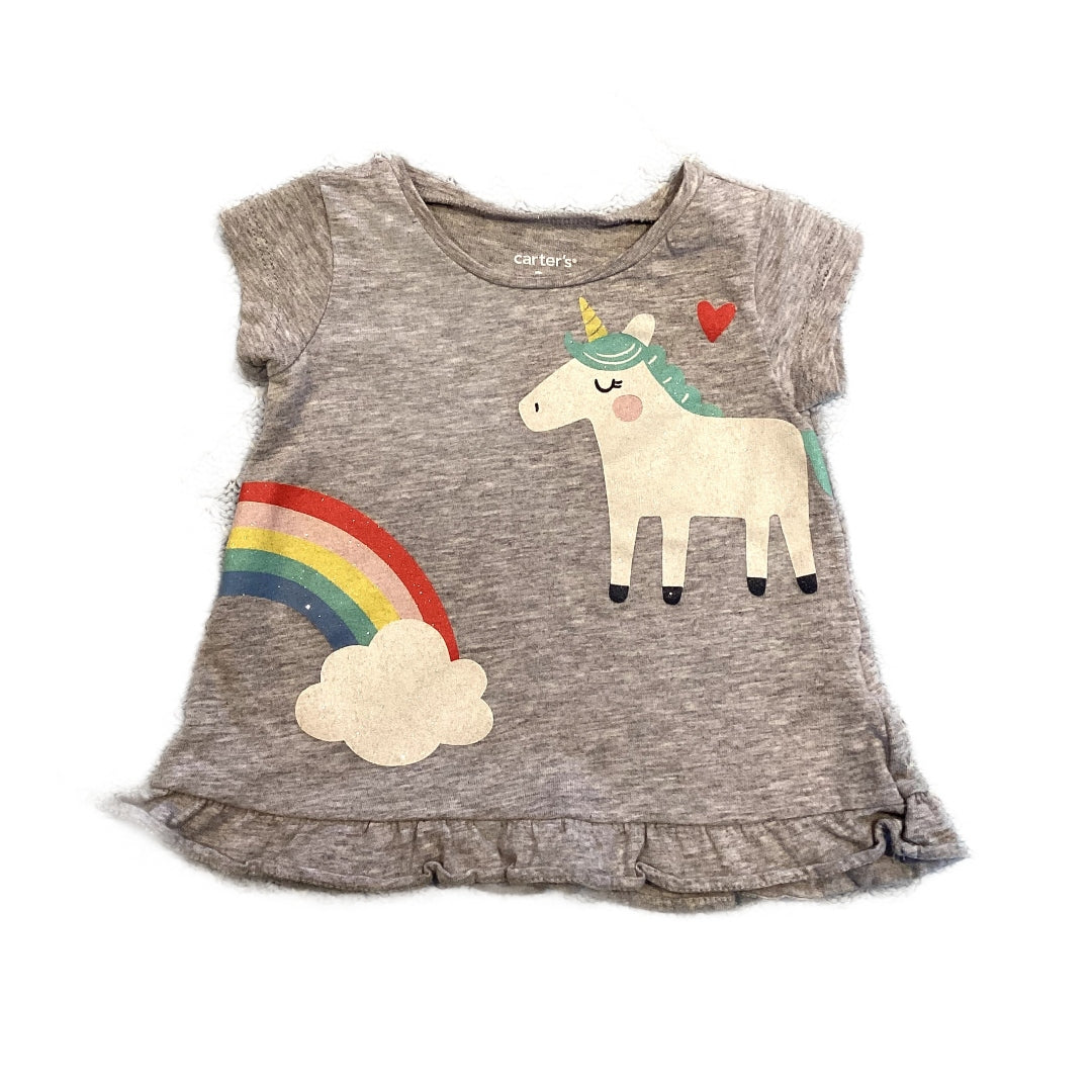 0-3 Girls Carter's Unicorn and Rainbow Gray Tshirt with Ruffle across the Bottom