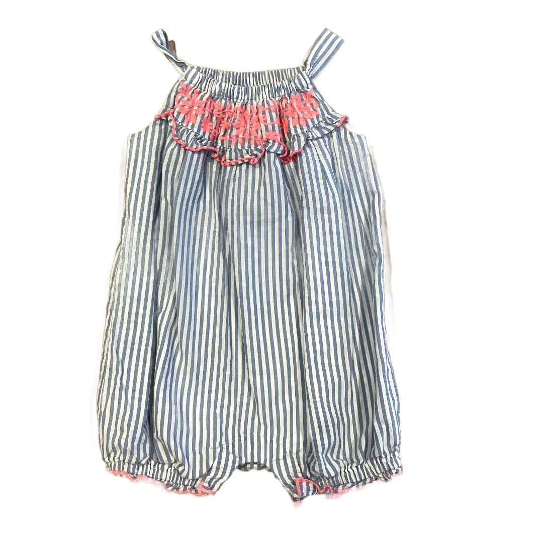 0-3 Girls Baby Gap Light Blue and White Striped Tank Top Bubble Onesie with Neon Pink Detail