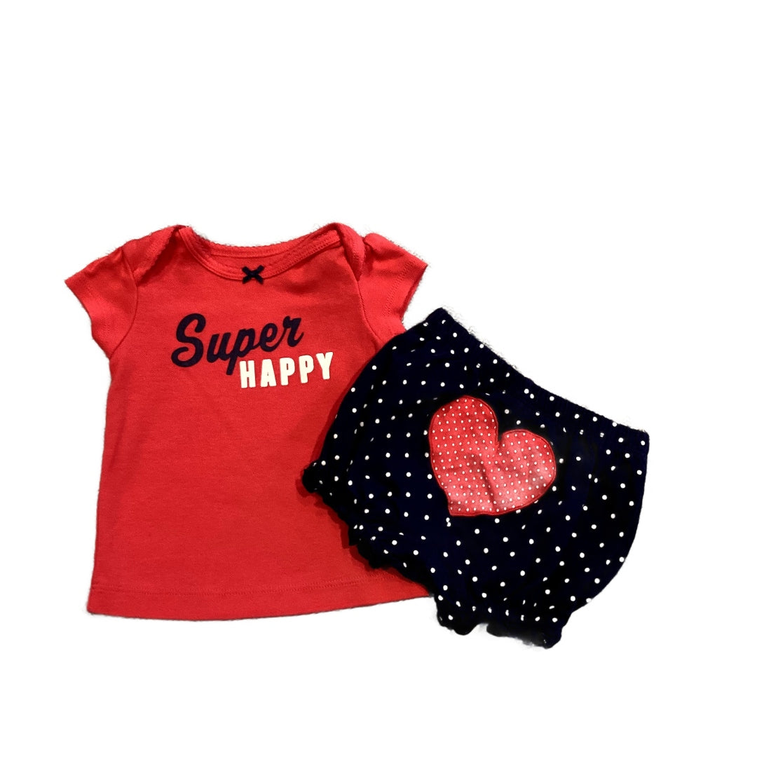 0-3 Girls Carter's Super Happy Tshirt with Matching Navy Blue Polka-Dot Shorts with Heart