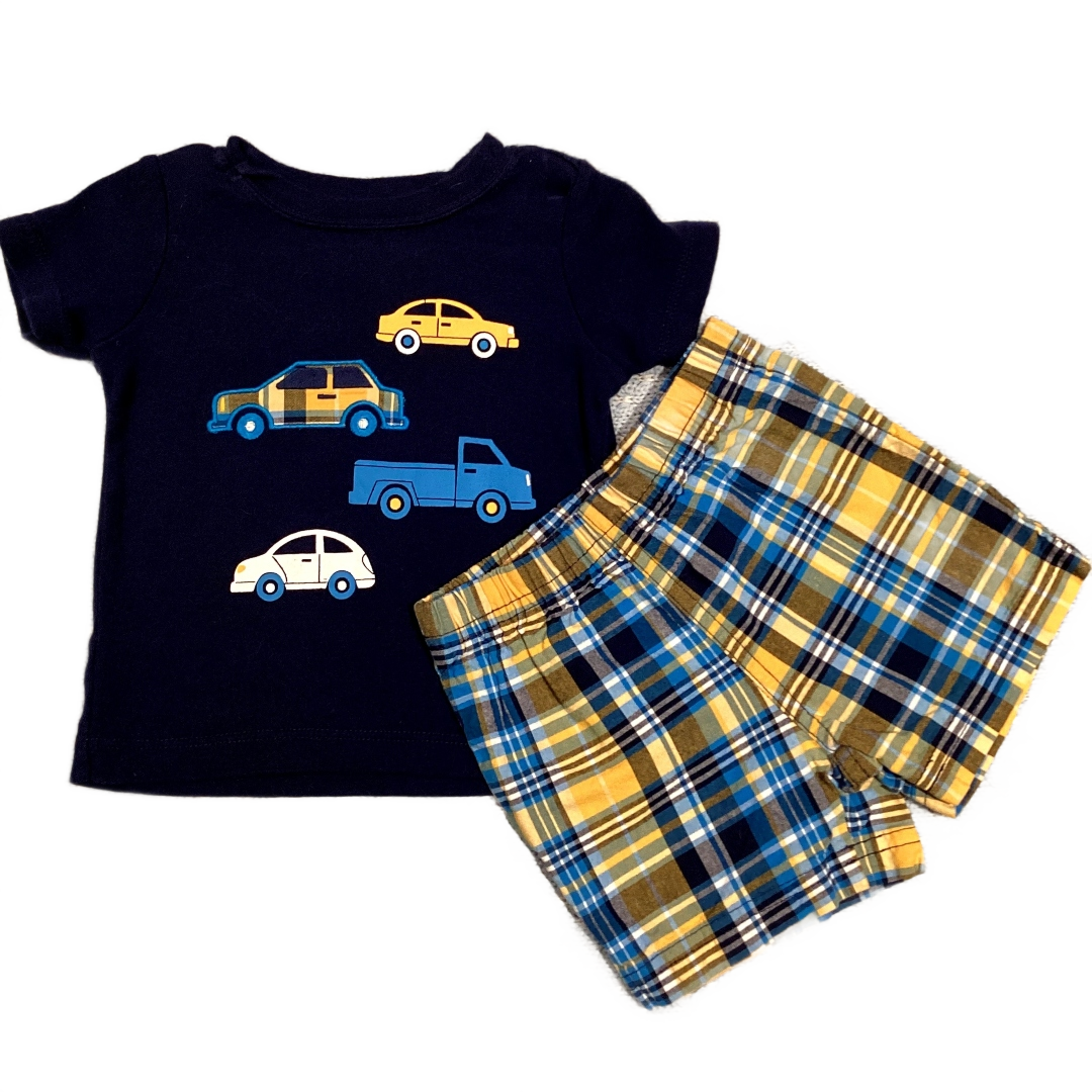 6-9 Boys Carter's Navy Shirt w/Vehicles, Matching Plaid Shorts