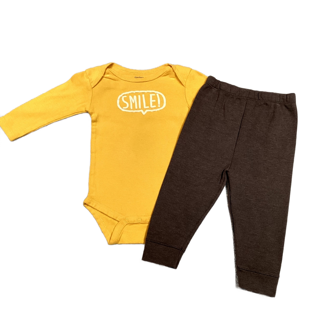 6-9 Boys Gerber's Yellow Smile Long Sleeve Onesie, Gray Leggings