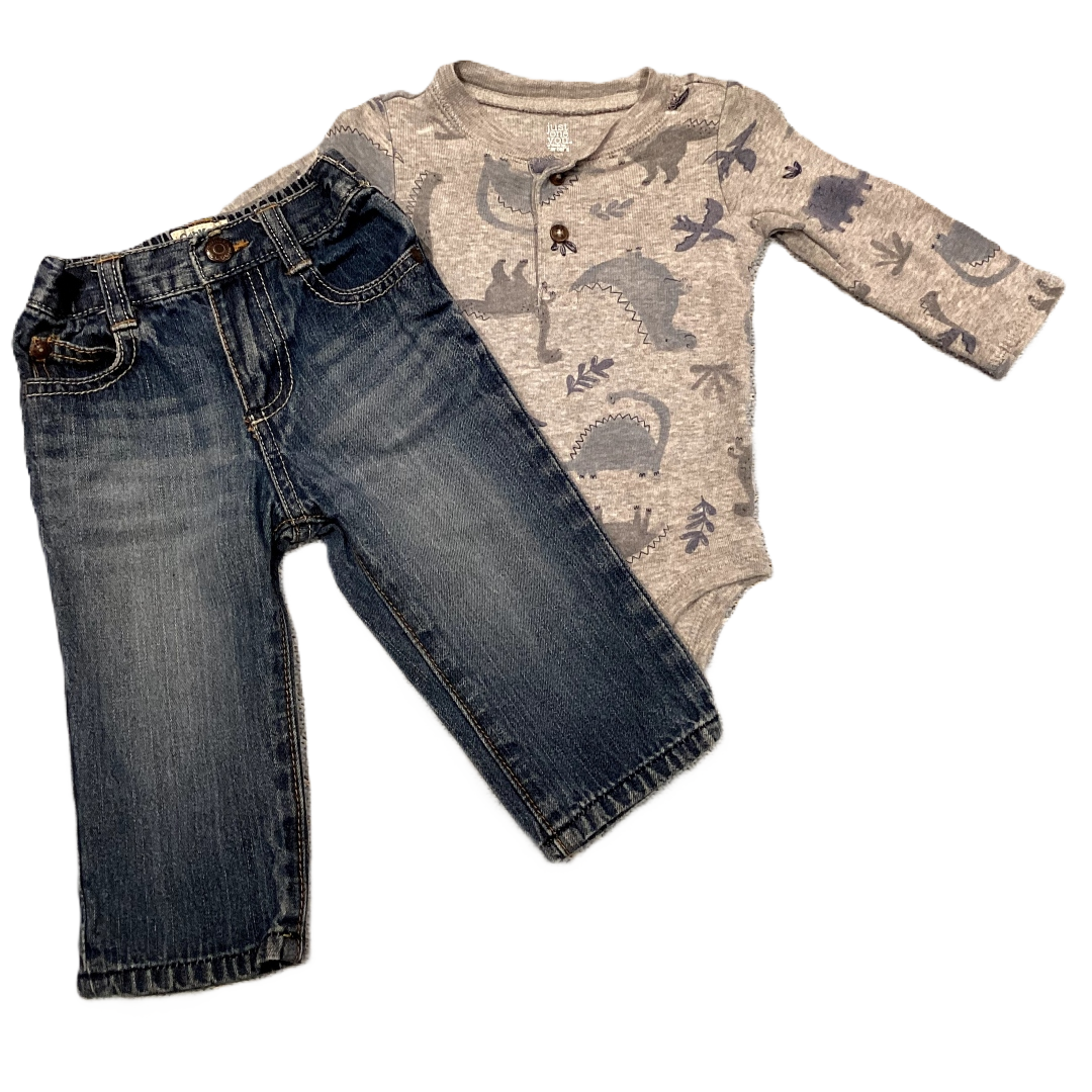 6-9 Boys Just One You Light Gray Long Sleeve Onesie w/Pastel Dinos, OshKosh Jeans