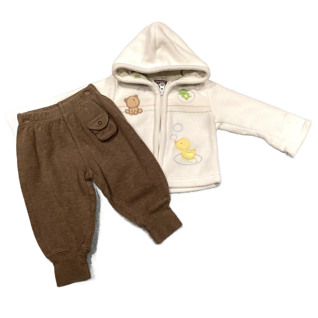 6-9 Boys Carter's Vintage White Fleece Jacket w/Teddy, Matching Brown Ribbed Pants
