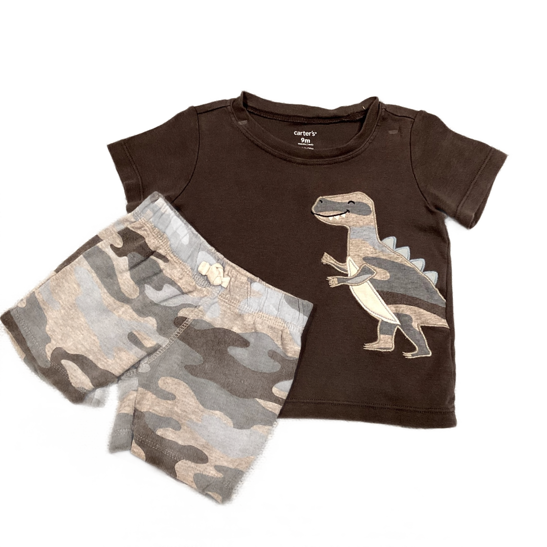 6-9 Boys Carter's Gray w/Blue Camo Dino Shirt, Matching Shorts