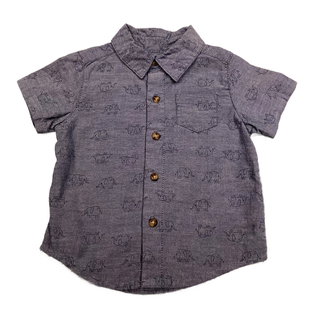 6-9 Boys Just One You Chambray Button Down Shirt w/Elephants