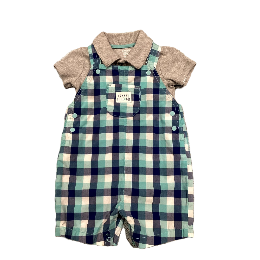 6-9 Boys Just One You Gray Polo, Matching Plaid Overalls