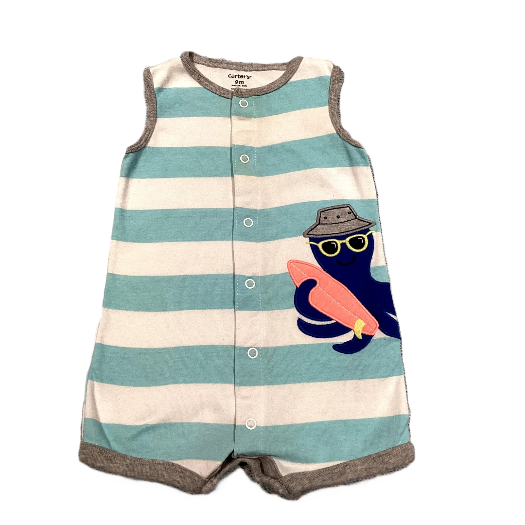 6-9 Boys Carter's Aqua/White Striped Romper w/Octopus