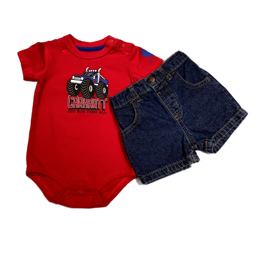 6-9 Boys Carhartt Red Onesie, Garanimals Jean Shorts