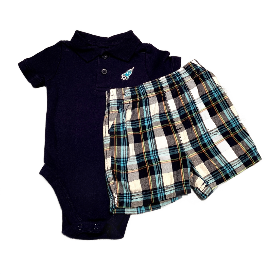 6-9 Boys Garanimals Navy Polo Onesie, Jumping Beans Plaid Shorts