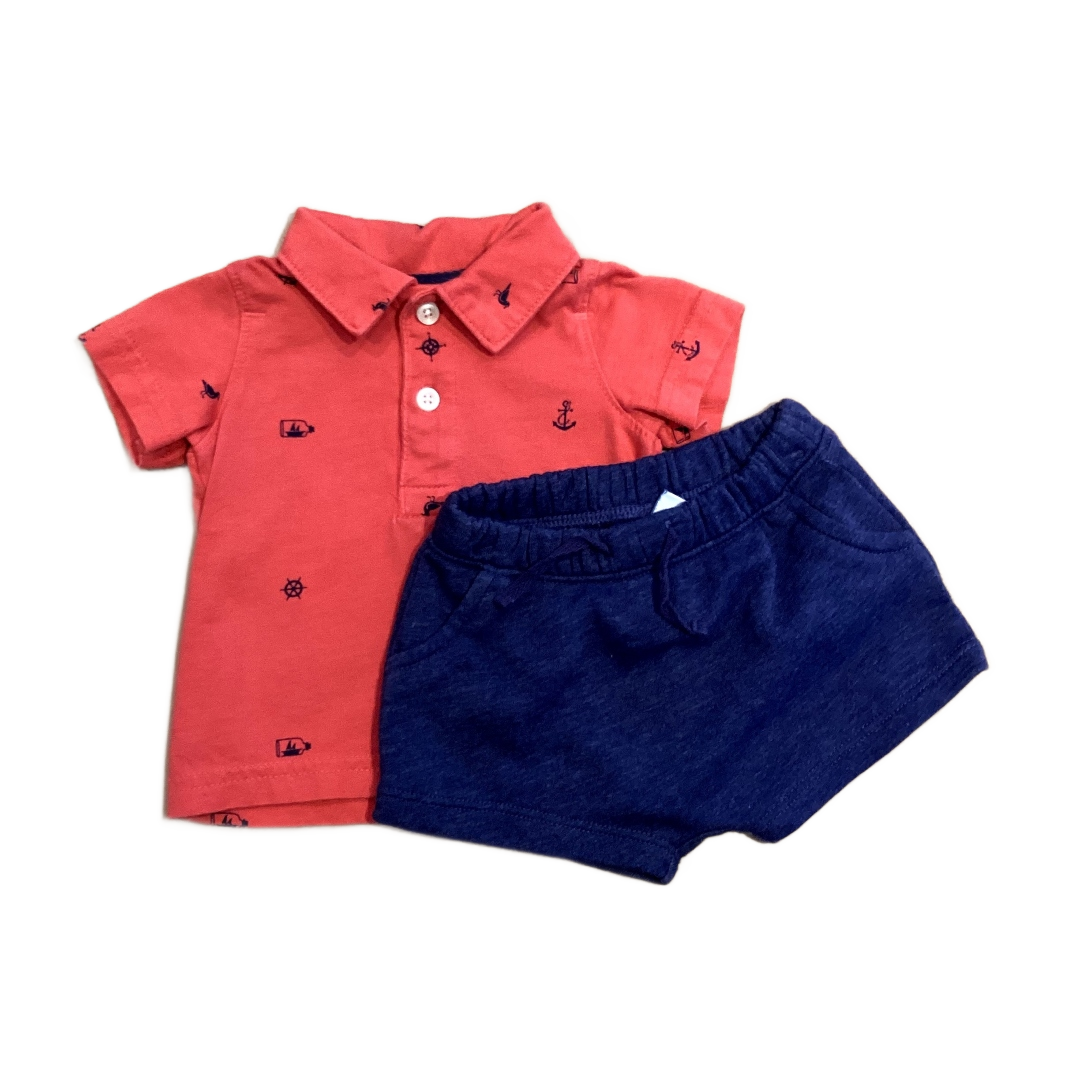 0-3 Boys Carter's Red Nautical Print Polo, Old Navy Blue Cloth Shorts