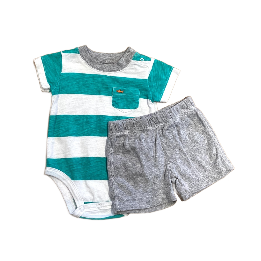 0-3 Boys Carter's Teal and White Thick Striped Onesie, Matching Carter's Shorts
