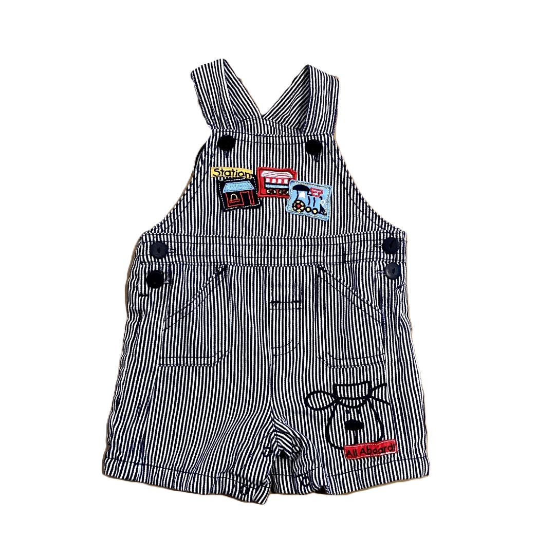 0-3 Boys Babyworks Blue and White Striped Overalls with Train Decals