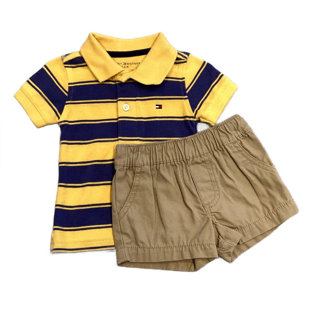 0-3 Boys Tommy Hilfiger Blue and Yellow Striped Polo, Carter's Khaki Shorts