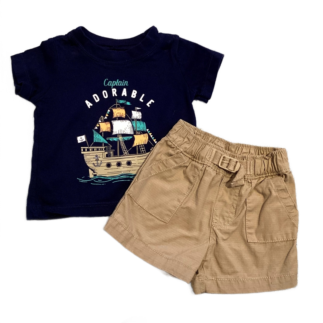 0-3 Boys Carter's Navy Blue Captain Adorable T-Shirt, Carter's Tan Cargo Shorts