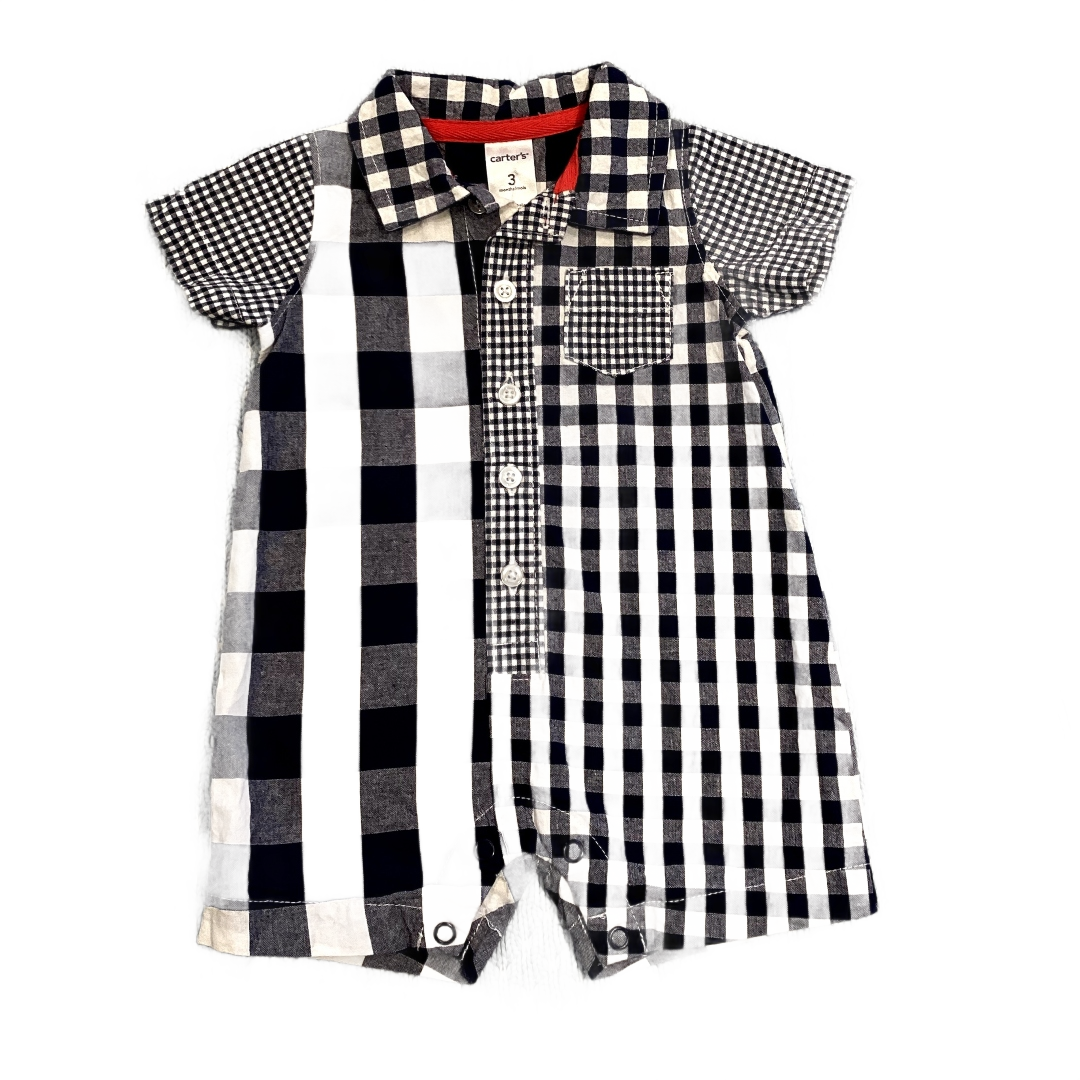 0-3 Boys Carter's Blue and White Multi-Print Plaid Polo Romper