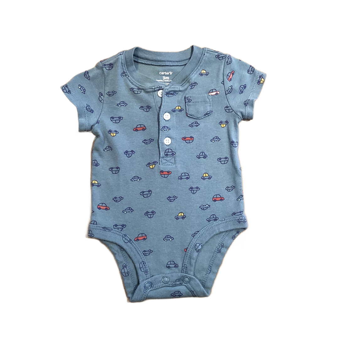 0-3 Boys Carter's Dusty Blue Onesie with Car Pattern