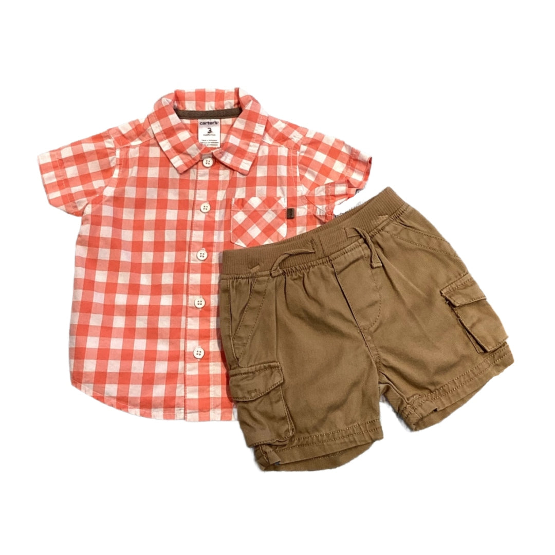 0-3 Boys Carter's Orange and White Plaid Button Down, Cherokee Stretchy Khaki Shorts