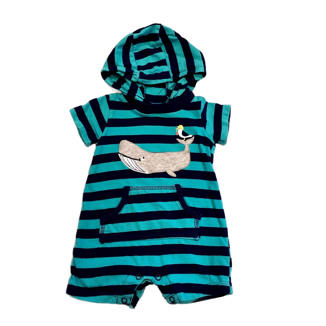 0-3 Boys Carter's Teal and Navy Blue Striped Romper with Hood and Whale Decal