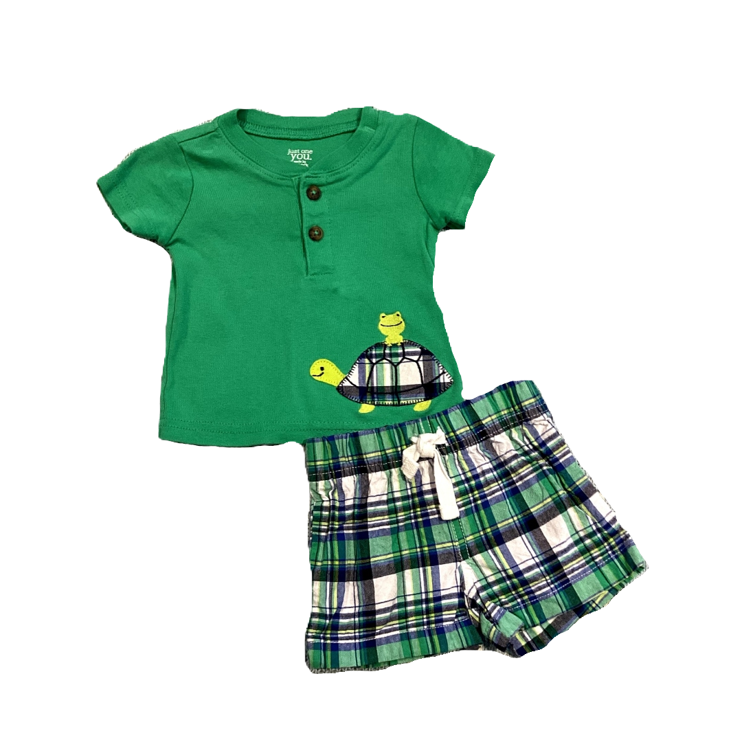 0-3 Boys Just One You Green T-Shirt with Frog and Turtle Decal, Matching Plaid Shorts