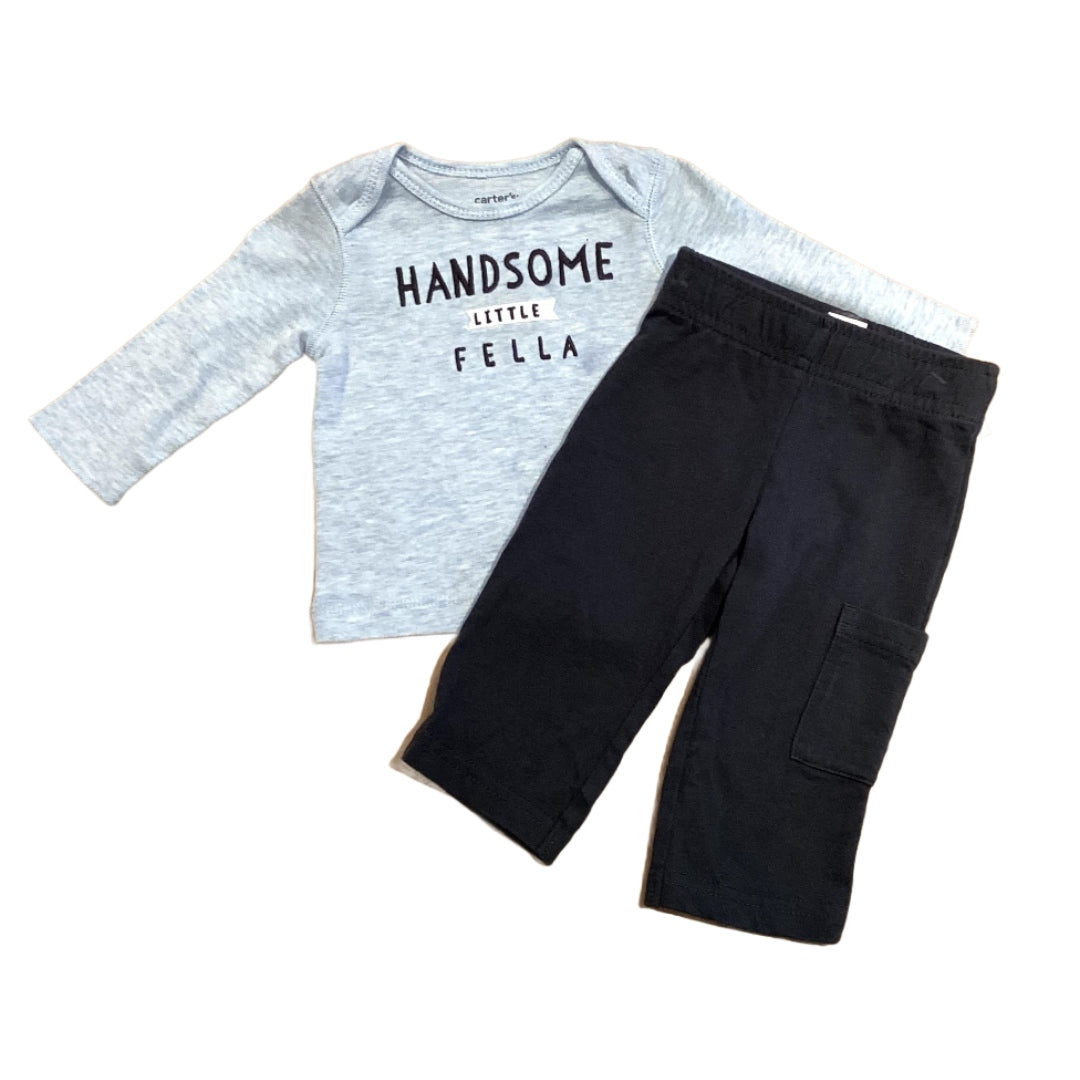0-3 Boys Carter's Handsome Little Fella Light Blue Long Sleeved T-Shirt, Carter's Dark Gray Fabric Pants