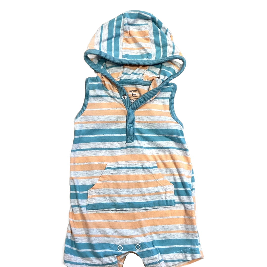 0-3 Boys Carter's White, Blue and Orange Striped Romper with Hood