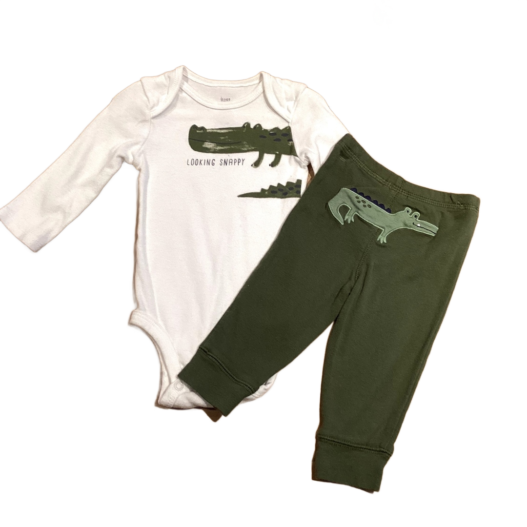 3-6 Boys Just One You Lookin Snappy Onesie, Carter's Army Green Leggings with Crocodile On Bottom